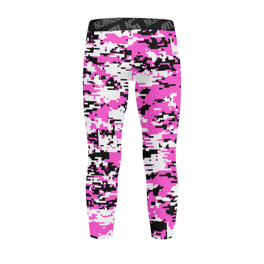 Athletic sports unisex kids youth compression tights for girls and boys flag football, tackle football, basketball, track, running, training, gym workout etc printed with digicamo pink, white, and black colors