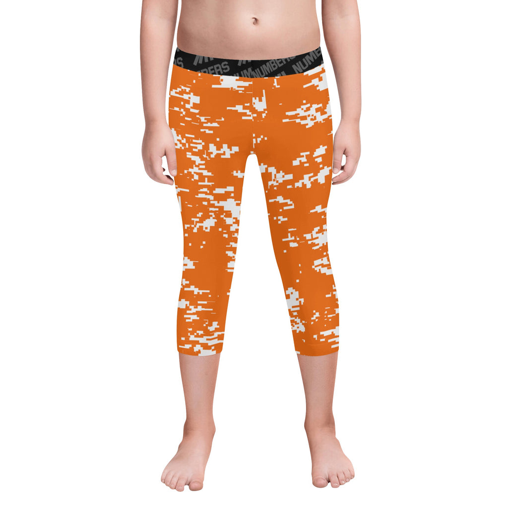 Athletic sports unisex kids youth compression tights for girls and boys flag football, tackle football, basketball, track, running, training, gym workout etc printed with digicamo orange and white Tennessee Volunteers colors