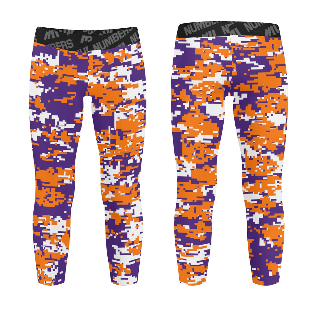 Athletic sports unisex kids youth compression tights for girls and boys flag football, tackle football, basketball, track, running, training, gym workout etc printed with digicamo orage, purple, white Clemson Tigers colors