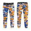 Athletic sports unisex kids youth compression tights for girls and boys flag football, tackle football, basketball, track, running, training, gym workout etc printed with digicamo blue, orange, white Boise State Broncos colors