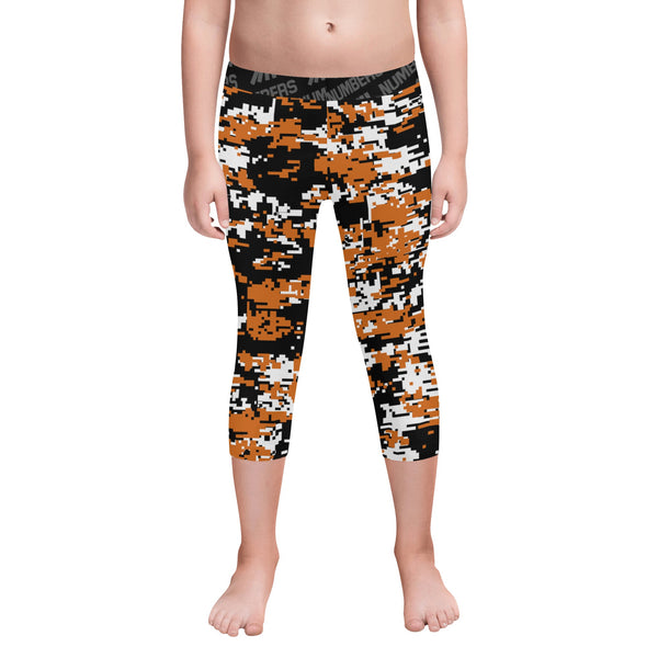 Athletic sports unisex kids youth compression tights for girls and boys flag football, tackle football, basketball, track, running, training, gym workout etc printed with digicamo burned orange, black, white Texas Longhorns colors