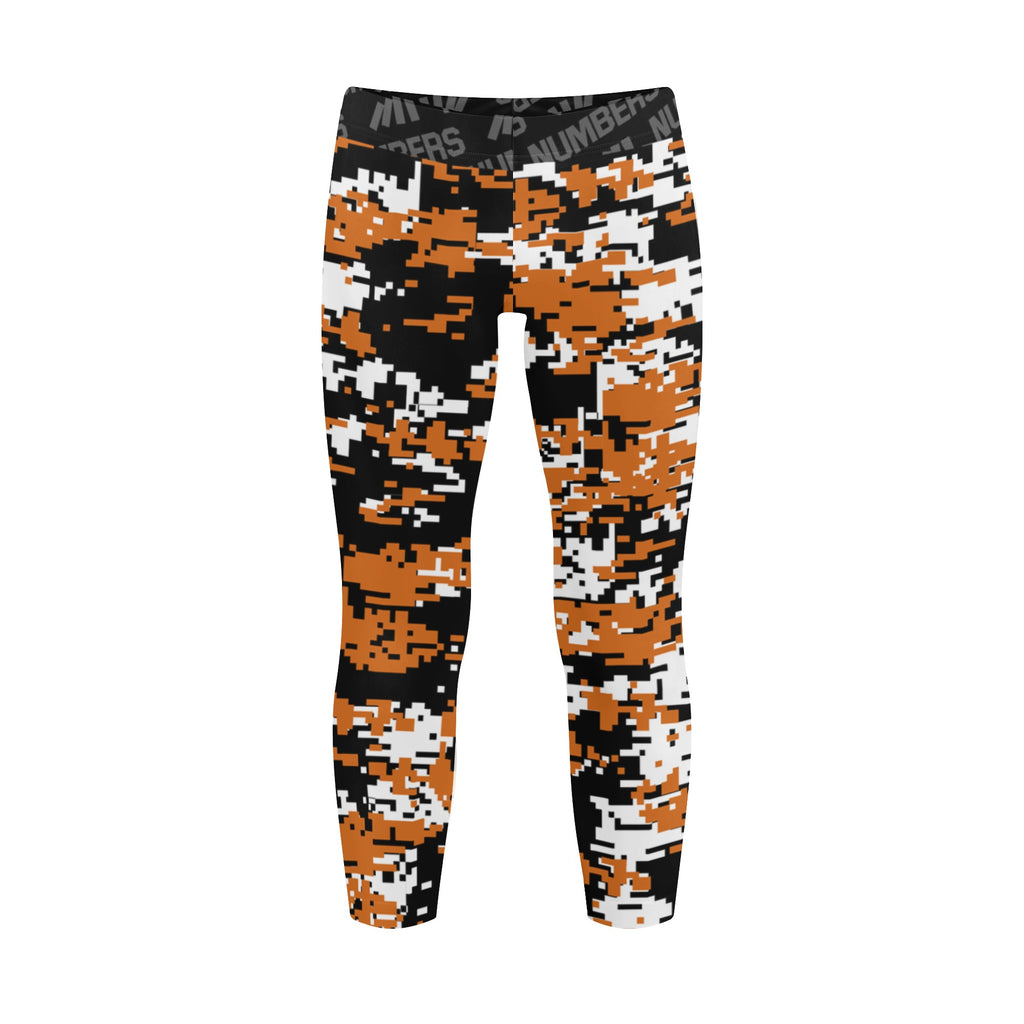 Athletic sports unisex kids youth compression tights for girls and boys flag football, tackle football, basketball, track, running, training, gym workout etc printed with digicamo burned orange, black, white Texas Longhorns colors