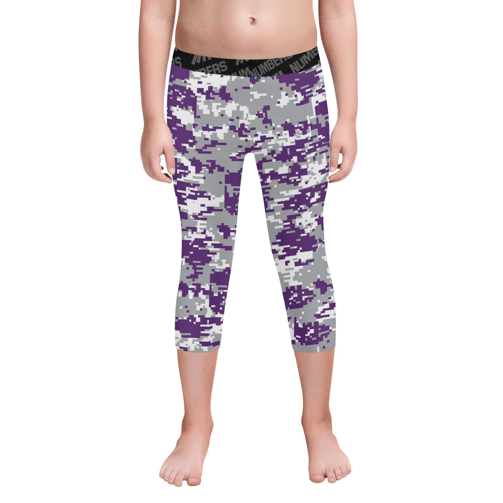 Athletic sports unisex kids youth compression tights for girls and boys flag football, tackle football, basketball, track, running, training, gym workout etc printed with digicamo purple, gray, white TCU Horned Frogs colors