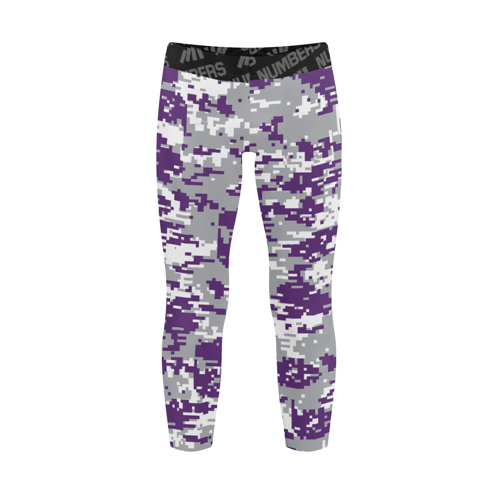 Athletic sports unisex kids youth compression tights for girls and boys flag football, tackle football, basketball, track, running, training, gym workout etc printed with digicamo purple, gray, white TCU Horned Frogs colors