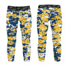 Athletic sports unisex kids youth compression tights for girls and boys flag football, tackle football, basketball, track, running, training, gym workout etc printed with digicamo navy blue, yellow, white Michigan Wolverines colors