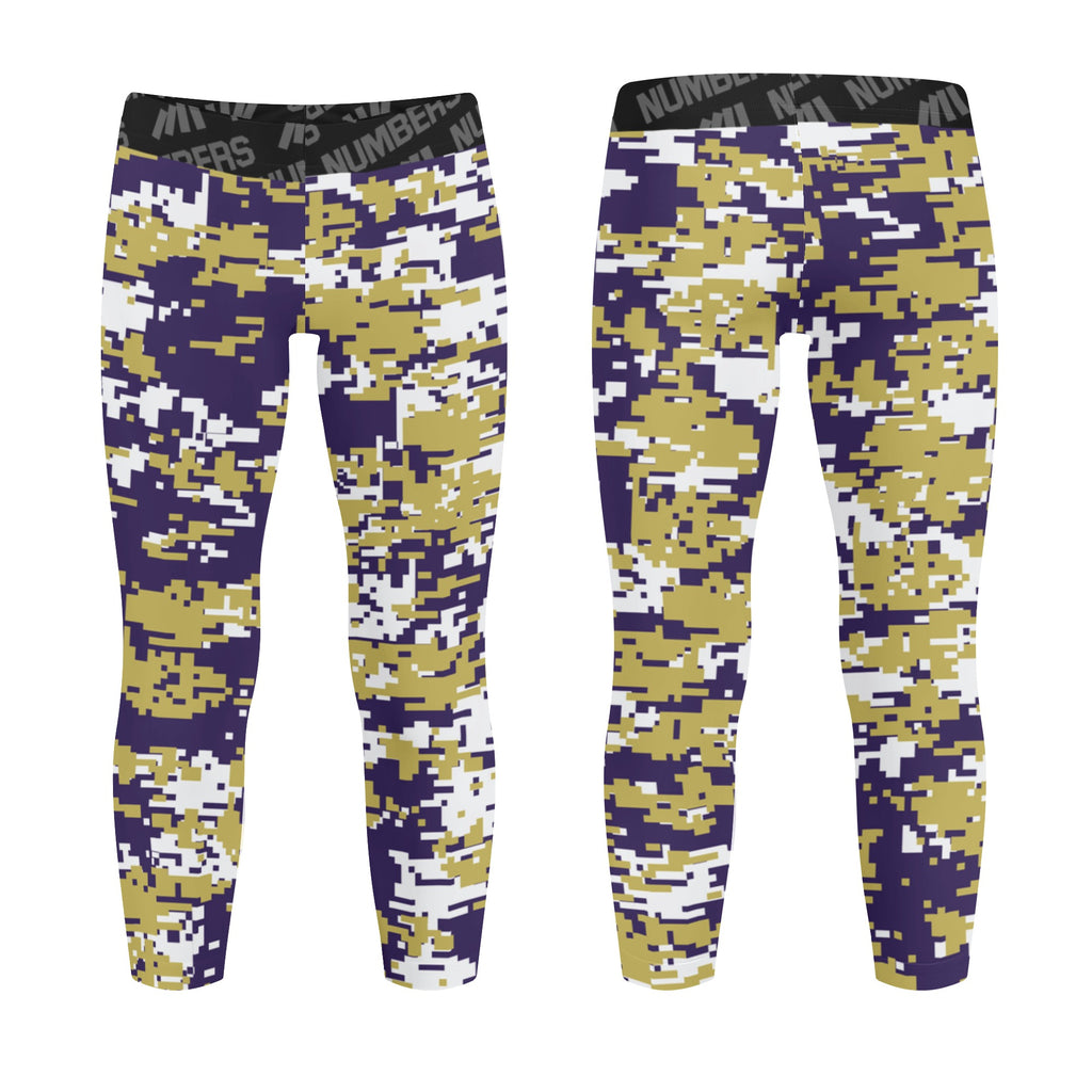 Athletic sports unisex kids youth compression tights for girls and boys flag football, tackle football, basketball, track, running, training, gym workout etc printed with digicamo purple, gold, white Washington Huskies colors