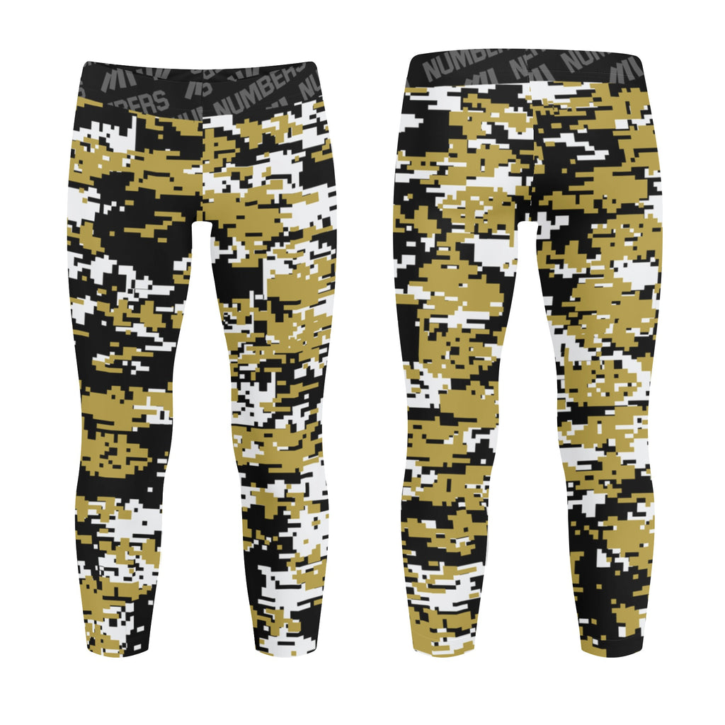 Athletic sports unisex kids youth compression tights for girls and boys flag football, tackle football, basketball, track, running, training, gym workout etc printed with digicamo gold, black, white New Orleans Saints colors