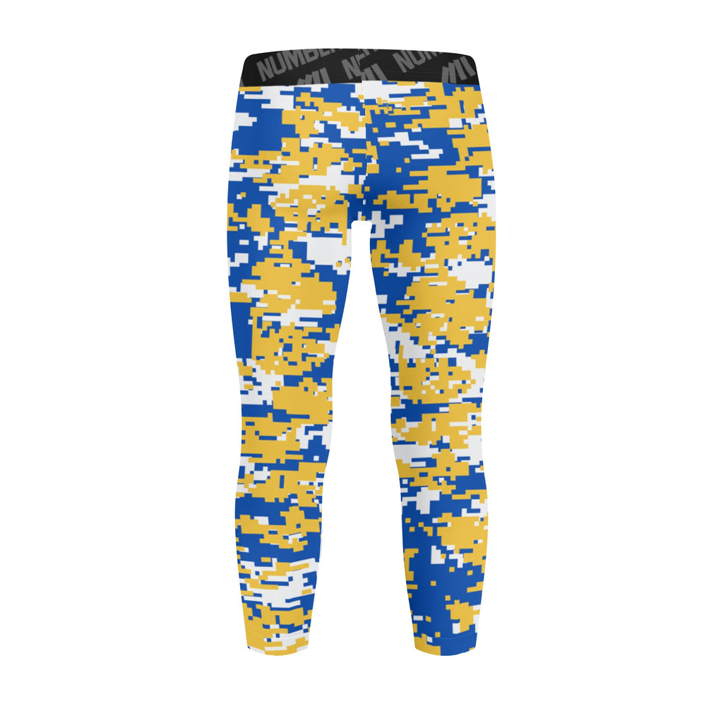 Athletic sports unisex kids youth compression tights for girls and boys flag football, tackle football, basketball, track, running, training, gym workout etc printed with digicamo royal blue, yellow, white Golden State Warriors colors