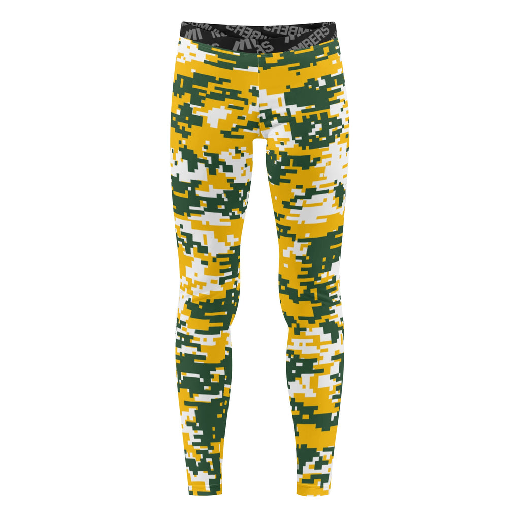 Athletic sports unisex compression tights for girls and boys flag football, tackle football, basketball, track, running, training, gym workout etc printed in green, yellow, white Green Bay Packers colors
