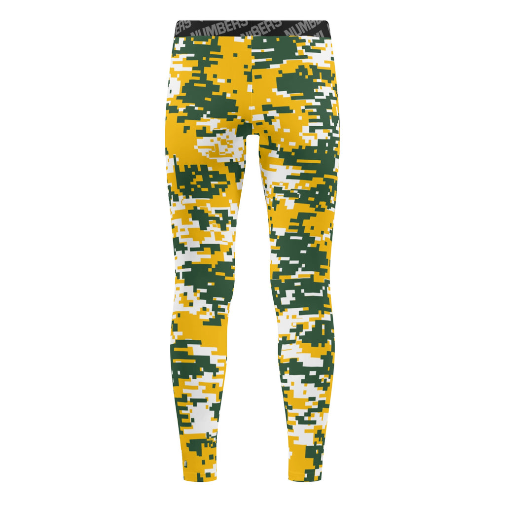Athletic sports unisex compression tights for girls and boys flag football, tackle football, basketball, track, running, training, gym workout etc printed in green, yellow, white Green Bay Packers colors
