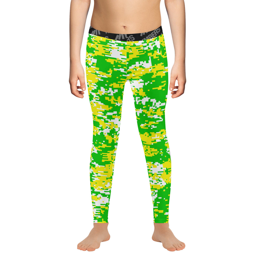 Athletic sports unisex compression tights for girls and boys flag football, tackle football, basketball, track, running, training, gym workout etc printed in fluorescent green, yellow, white Oregon Ducks colors