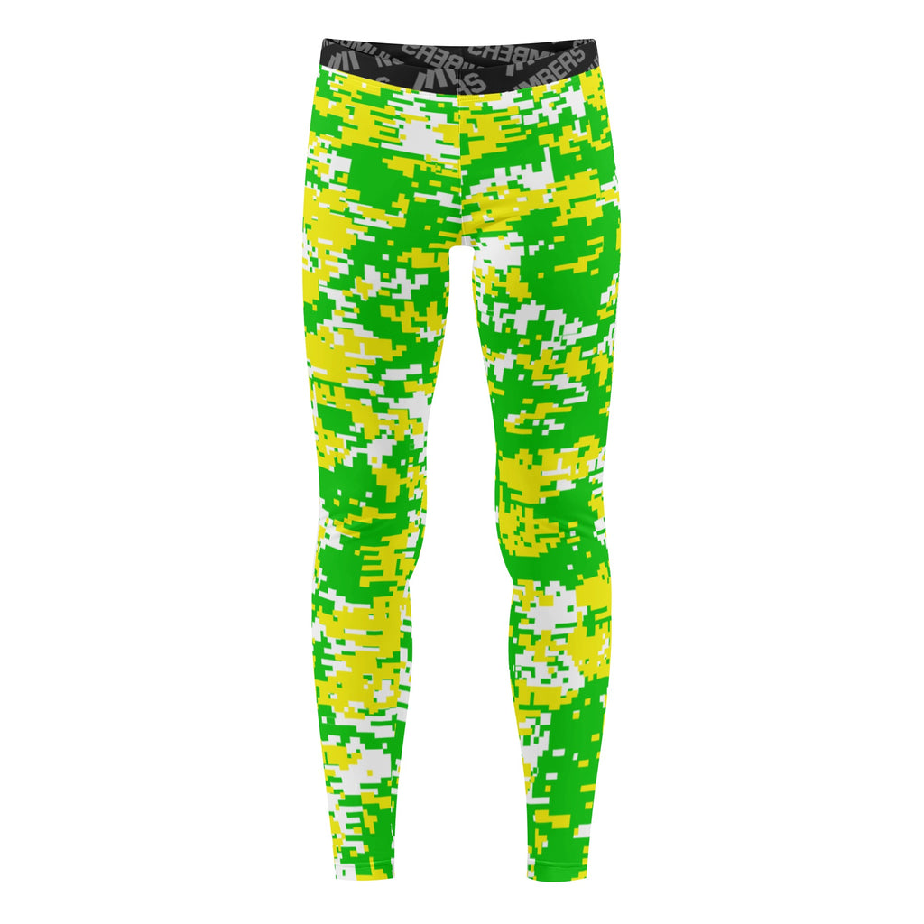 Athletic sports unisex compression tights for girls and boys flag football, tackle football, basketball, track, running, training, gym workout etc printed in fluorescent green, yellow, white Oregon Ducks colors