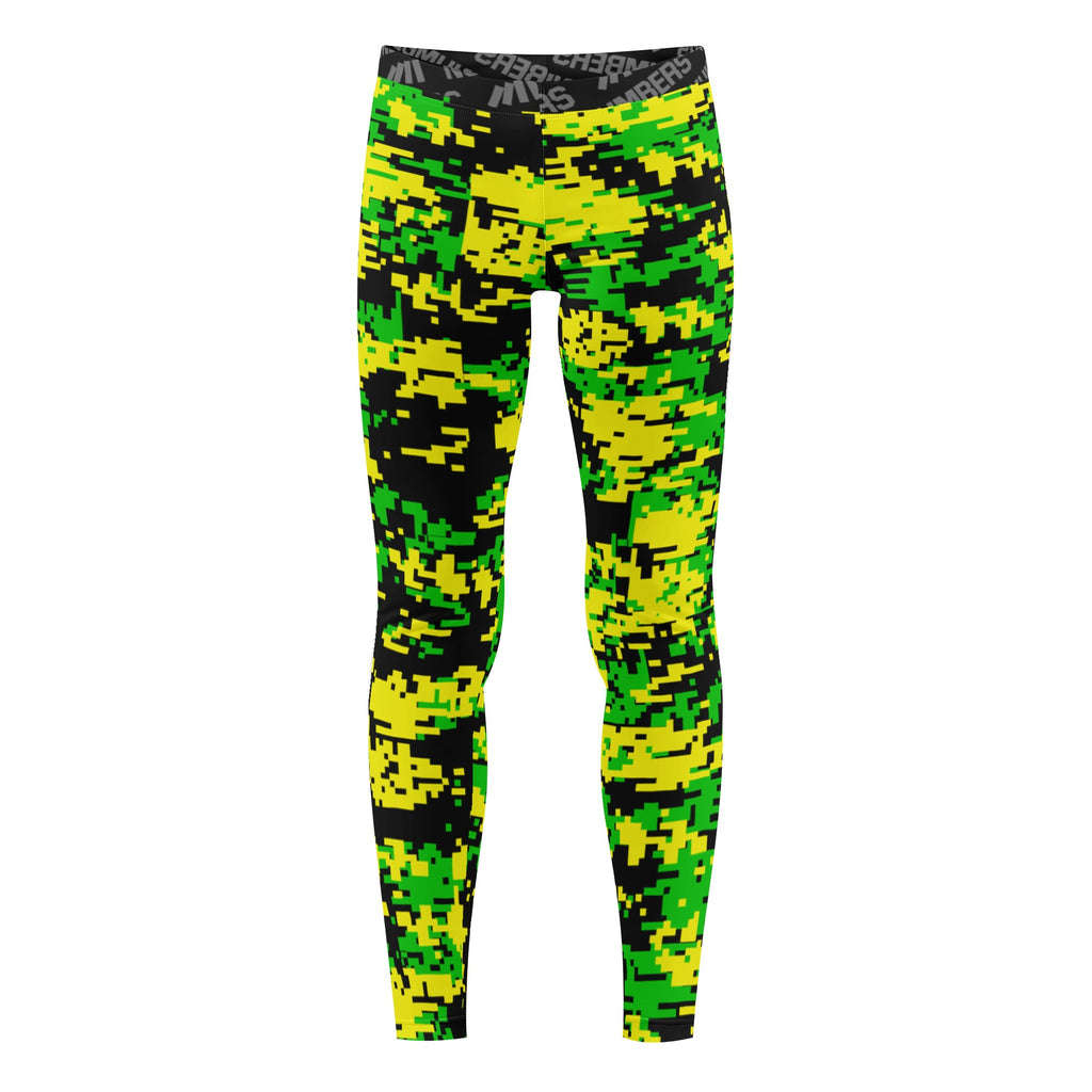 Athletic sports unisex compression tights for girls and boys flag football, tackle football, basketball, track, running, training, gym workout etc printed in fluorescent green, yellow, and black Oregon Ducks colors