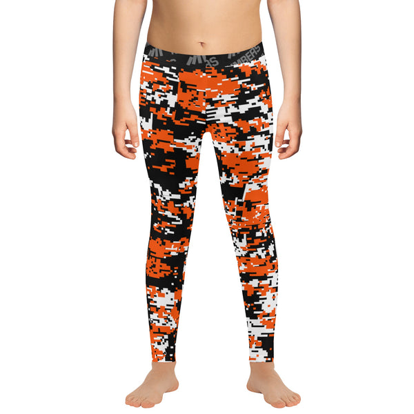 Athletic sports unisex compression tights for girls and boys flag football, tackle football, basketball, track, running, training, gym workout etc printed in orange, black, white Cincinnati Bengals colors