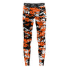 Athletic sports unisex compression tights for girls and boys flag football, tackle football, basketball, track, running, training, gym workout etc printed in orange, black, white Baltimore Orioles colors