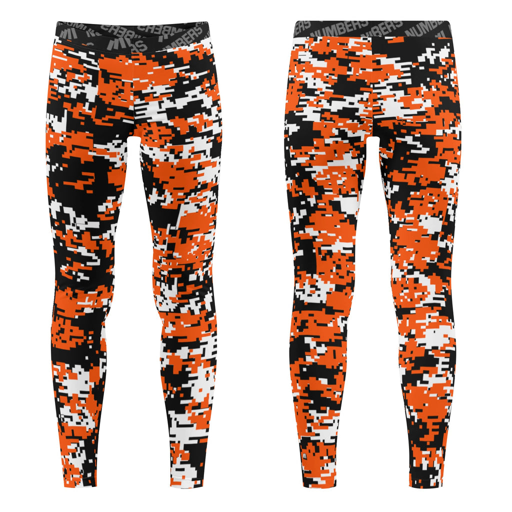 Athletic sports unisex compression tights for girls and boys flag football, tackle football, basketball, track, running, training, gym workout etc printed in orange, black, white San Francisco Giants colors