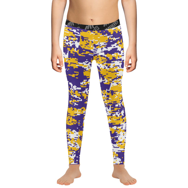 Athletic sports unisex compression tights for girls and boys flag football, tackle football, basketball, track, running, training, gym workout etc printed in purple, yellow, white LSU Tigers colors