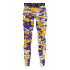 Athletic sports unisex compression tights for girls and boys flag football, tackle football, basketball, track, running, training, gym workout etc printed in purple, yellow, white LSU Tigers colors