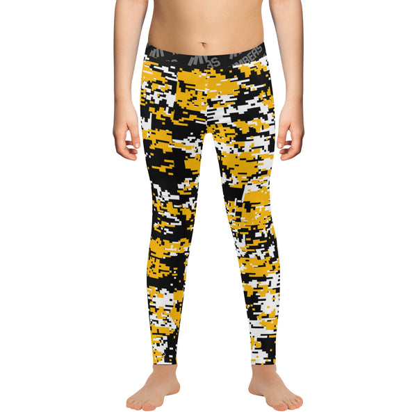 Athletic sports unisex compression tights for girls and boys flag football, tackle football, basketball, track, running, training, gym workout etc printed in yellow, black, white Pittsburgh Steelers colors