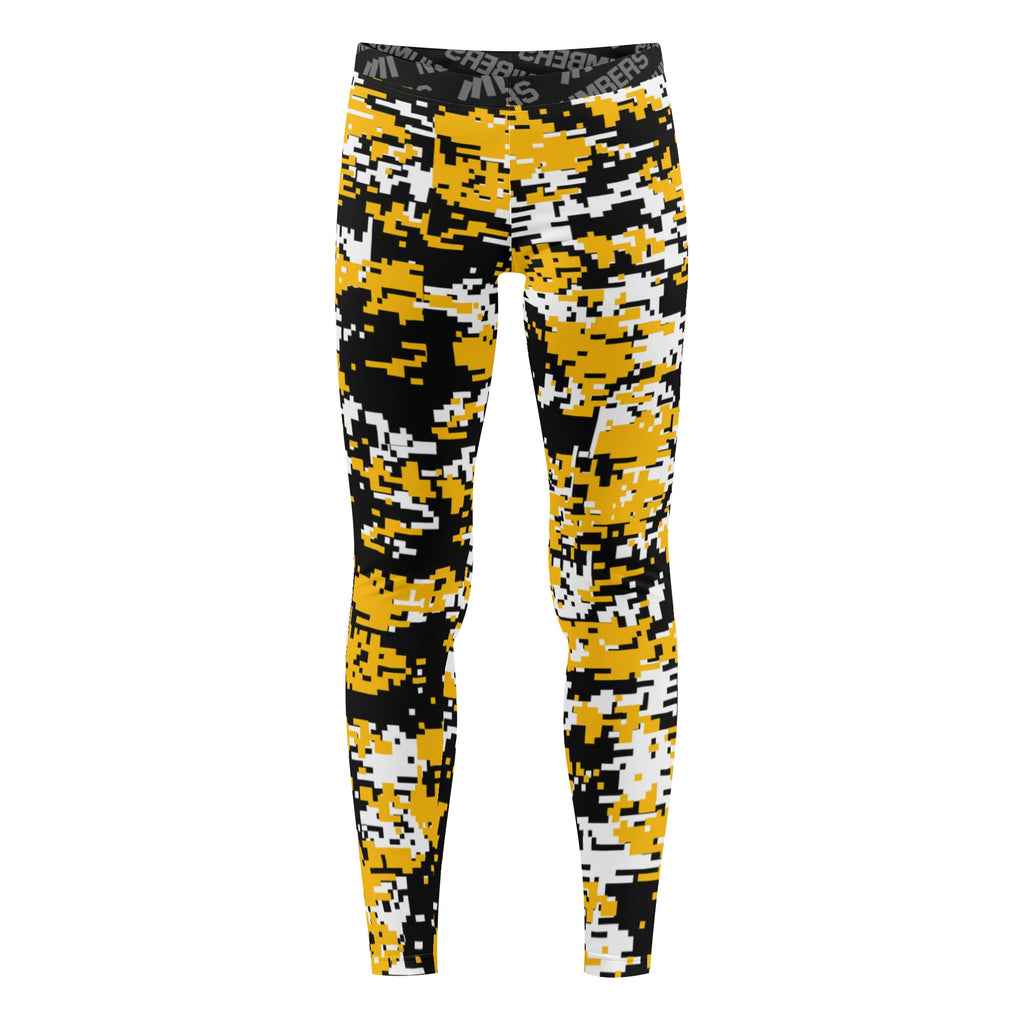 Athletic sports unisex compression tights for girls and boys flag football, tackle football, basketball, track, running, training, gym workout etc printed in yellow, black, white Pittsburgh Penguins colors