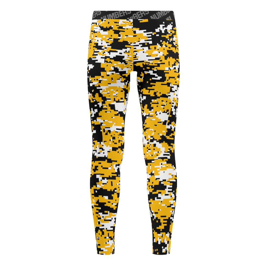 Athletic sports unisex compression tights for girls and boys flag football, tackle football, basketball, track, running, training, gym workout etc printed in yellow, black, white Missouri Tigers colors