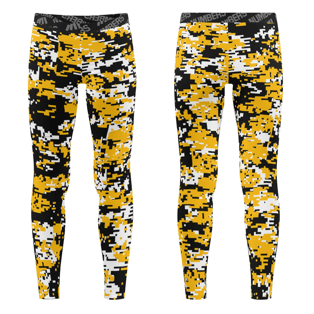 Athletic sports unisex compression tights for girls and boys flag football, tackle football, basketball, track, running, training, gym workout etc printed in yellow, black, white Pittsburgh Steelers colors