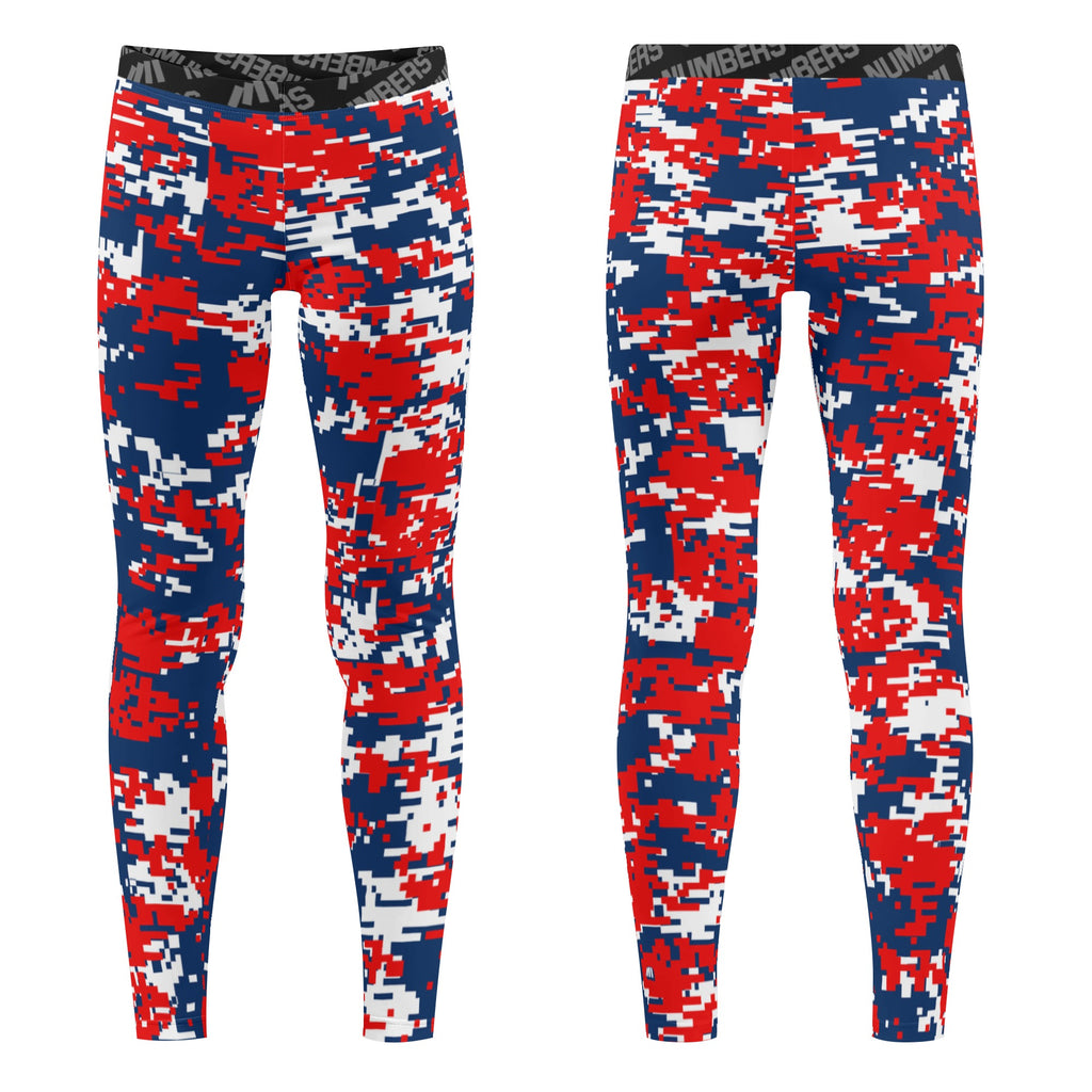Athletic sports unisex kids youth compression tights for girls and boys flag football, tackle football, basketball, track, running, training, gym workout etc printed with digicamo red, blue, white New England Patriots colors