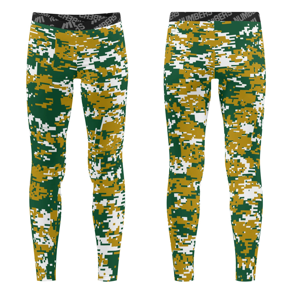 Athletic sports unisex kids youth compression tights for girls and boys flag football, tackle football, basketball, track, running, training, gym workout etc printed with digicamo gold, green, white Colorado State Rams colors