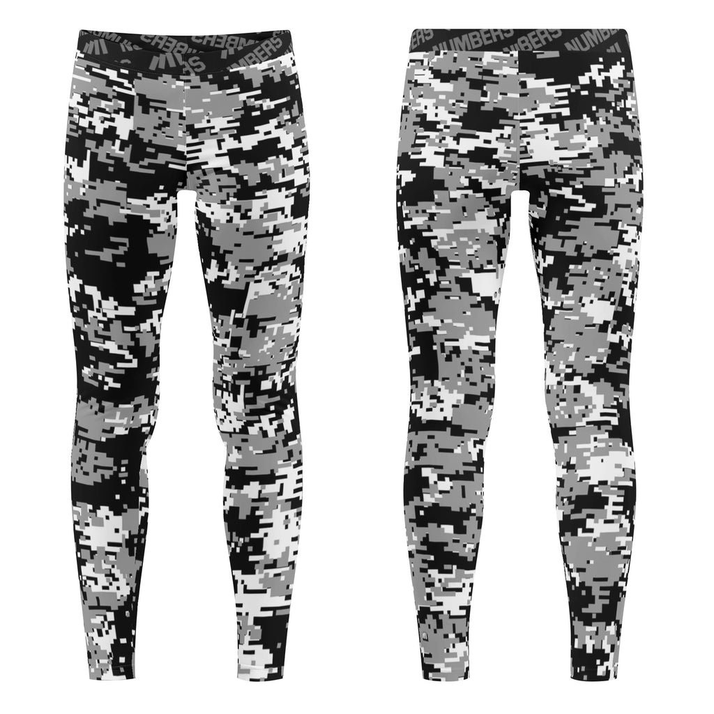 Athletic sports unisex compression tights for girls and boys flag football, tackle football, basketball, track, running, training, gym workout etc printed in black, silver, white San Antonio Spurs colors