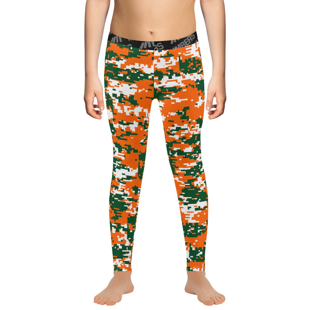 Athletic sports unisex compression tights for girls and boys flag football, tackle football, basketball, track, running, training, gym workout etc printed in orange, green, white Miami Hurricanes colors