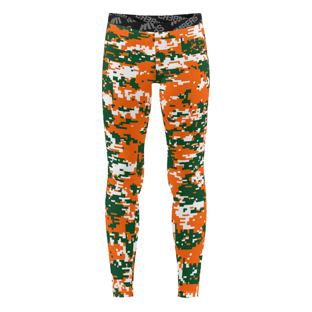 Athletic sports unisex compression tights for girls and boys flag football, tackle football, basketball, track, running, training, gym workout etc printed in orange, green, white Miami Hurricanes colors
