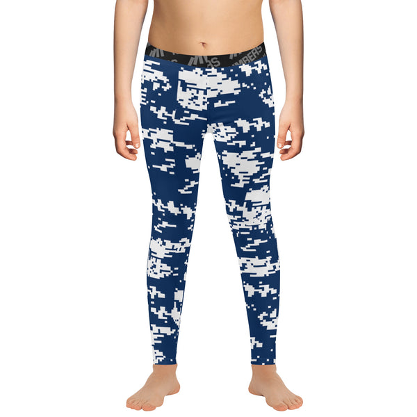 Athletic sports unisex compression tights for girls and boys flag football, tackle football, basketball, track, running, training, gym workout etc printed in navy blue and white New York Yankees colors