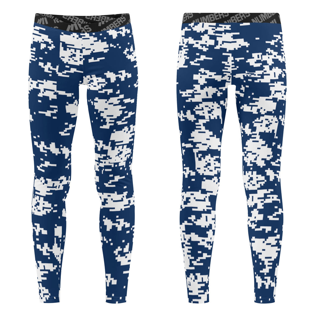 Athletic sports unisex compression tights for girls and boys flag football, tackle football, basketball, track, running, training, gym workout etc printed in navy blue and white New York Yankees colors