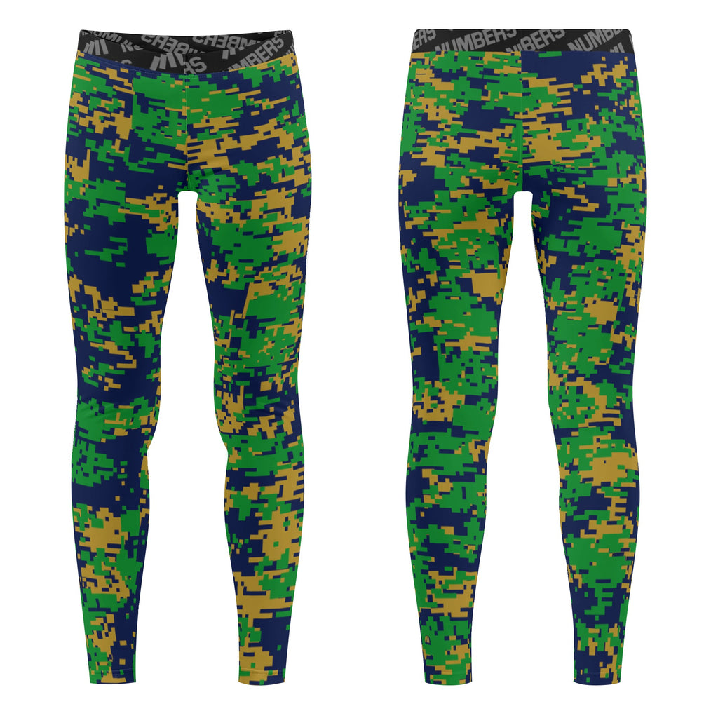 Athletic sports unisex compression tights for girls and boys flag football, tackle football, basketball, track, running, training, gym workout etc printed in navy blue, green, gold Notre Dame Fighting Irish colors