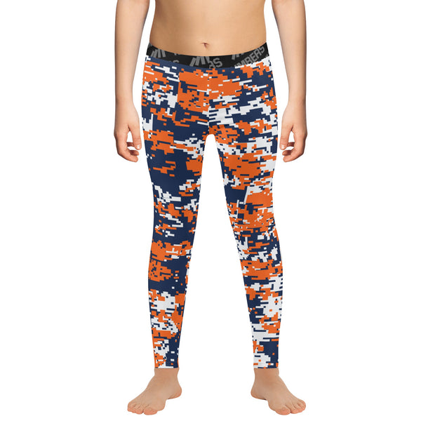 Athletic sports unisex compression tights for girls and boys flag football, tackle football, basketball, track, running, training, gym workout etc printed in navy blue, orange, white Denver Broncos colors
