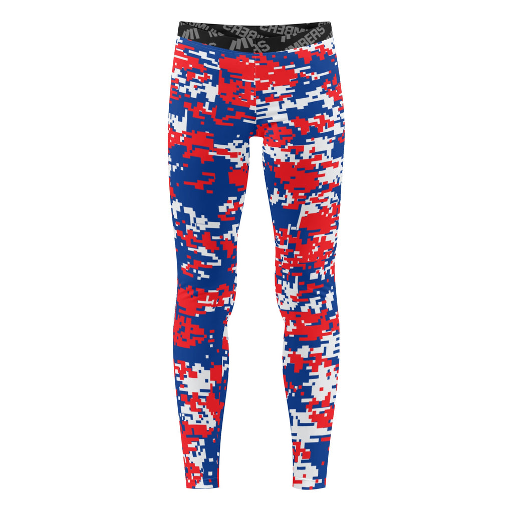 Athletic sports unisex compression tights for girls and boys flag football, tackle football, basketball, track, running, training, gym workout etc printed in red, white, blue Buffalo Bills colors