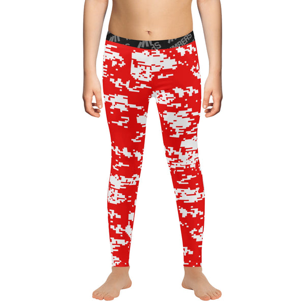 Athletic sports unisex compression tights for girls and boys flag football, tackle football, basketball, track, running, training, gym workout etc printed in red and white Houston Cougars colors