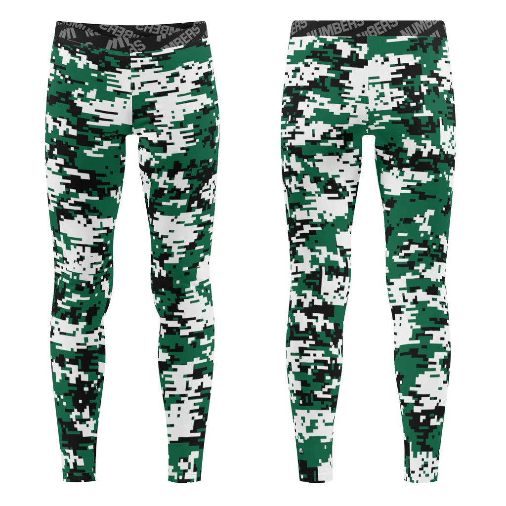 Athletic sports unisex compression tights for girls and boys flag football, tackle football, basketball, track, running, training, gym workout etc printed in dark green, black, white New York Jets colors