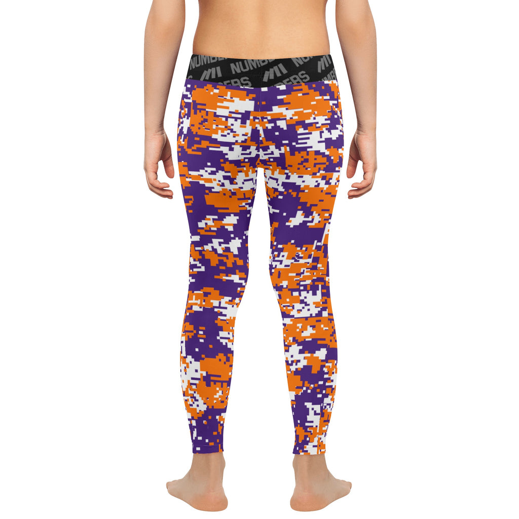 Athletic sports unisex compression tights for girls and boys flag football, tackle football, basketball, track, running, training, gym workout etc printed in orange, purple, white Clemson Tigers colors