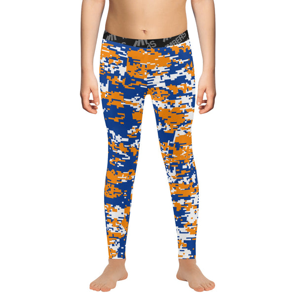 Athletic sports unisex compression tights for girls and boys flag football, tackle football, basketball, track, running, training, gym workout etc printed in  blue, orange, white New York Mets colors