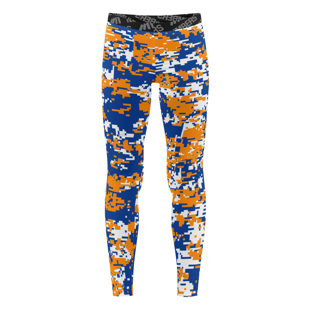 Athletic sports unisex compression tights for girls and boys flag football, tackle football, basketball, track, running, training, gym workout etc printed in  blue, orange, white New York Knicks colors