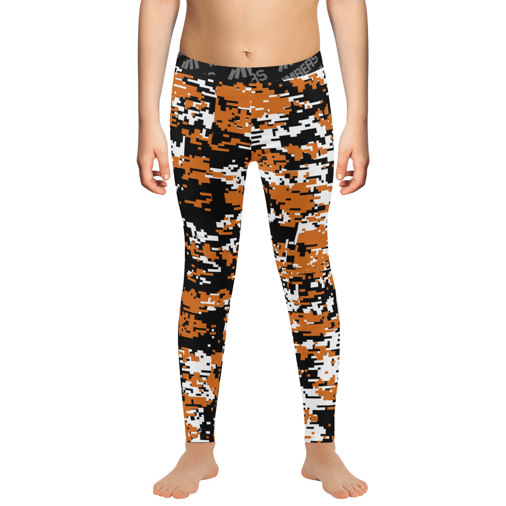 Athletic sports unisex compression tights for girls and boys flag football, tackle football, basketball, track, running, training, gym workout etc printed in burned orange, black, white Texas Longhorns colors