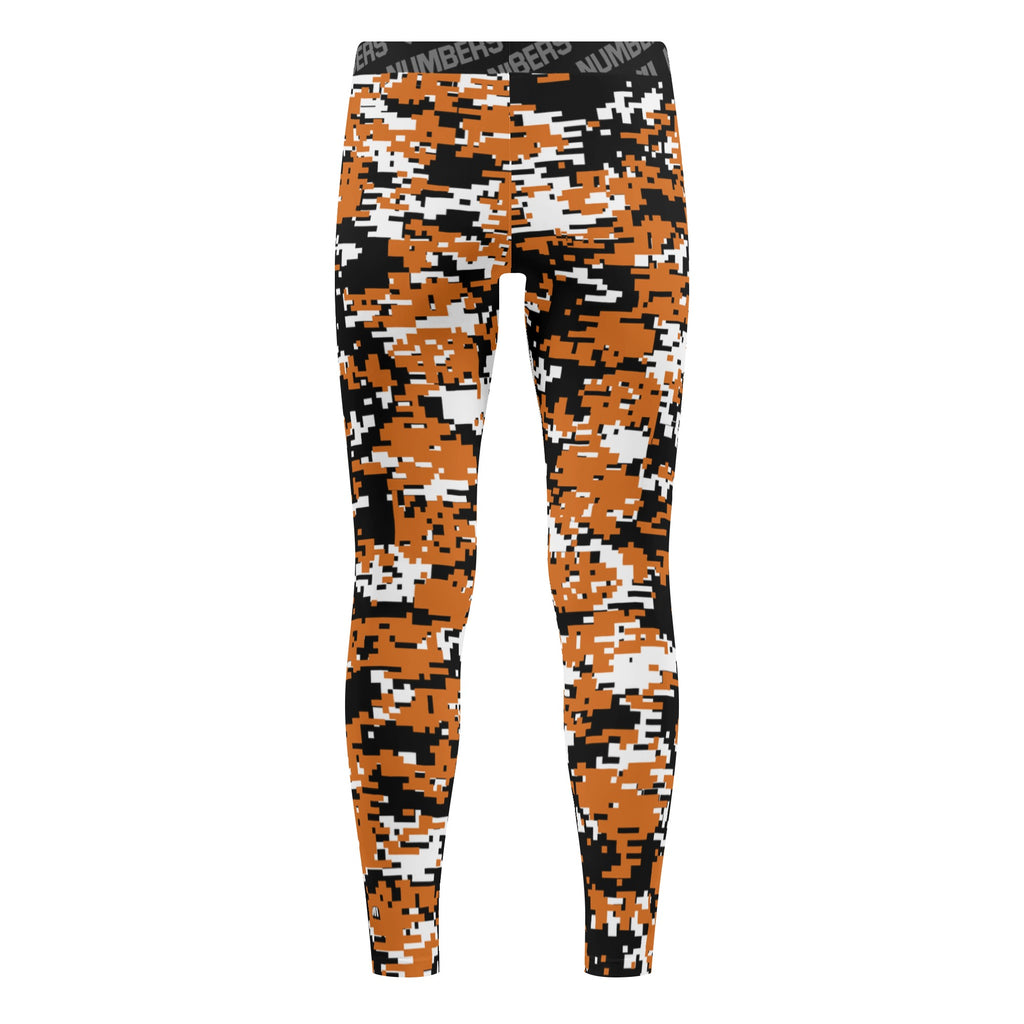 Athletic sports unisex compression tights for girls and boys flag football, tackle football, basketball, track, running, training, gym workout etc printed in burned orange, black, white Texas Longhorns colors