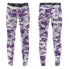 Athletic sports unisex compression tights for girls and boys flag football, tackle football, basketball, track, running, training, gym workout etc printed in purple, gray, white TCU Horned Frogs colors