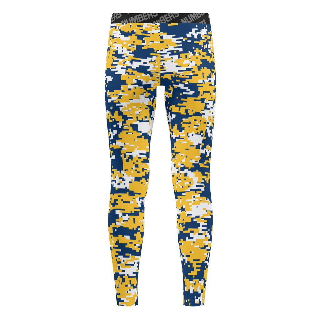 Athletic sports unisex compression tights for girls and boys flag football, tackle football, basketball, track, running, training, gym workout etc printed in navy blue, yellow, white Michigan Wolverines colors