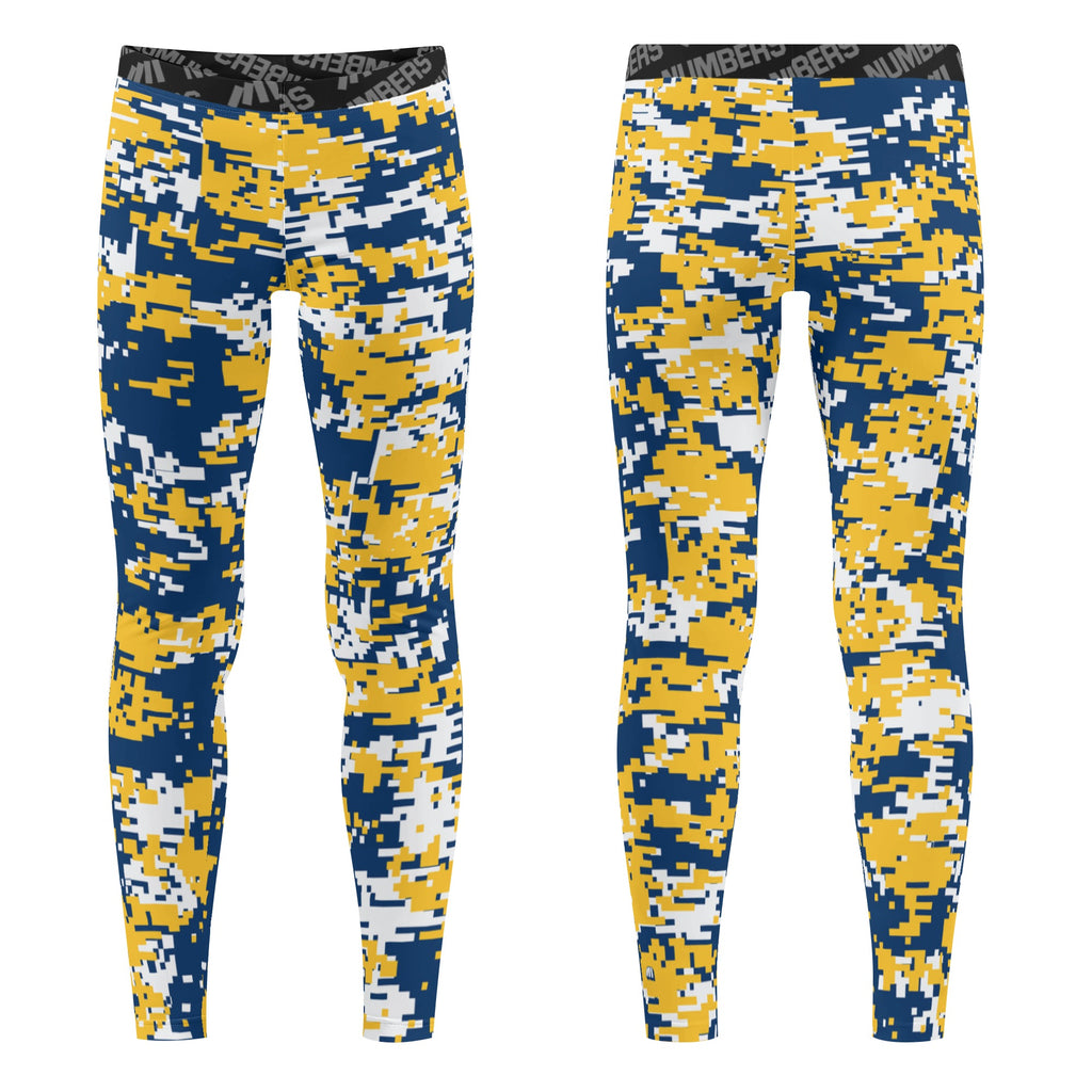 Athletic sports unisex compression tights for girls and boys flag football, tackle football, basketball, track, running, training, gym workout etc printed in navy blue, yellow, white Michigan Wolverines colors