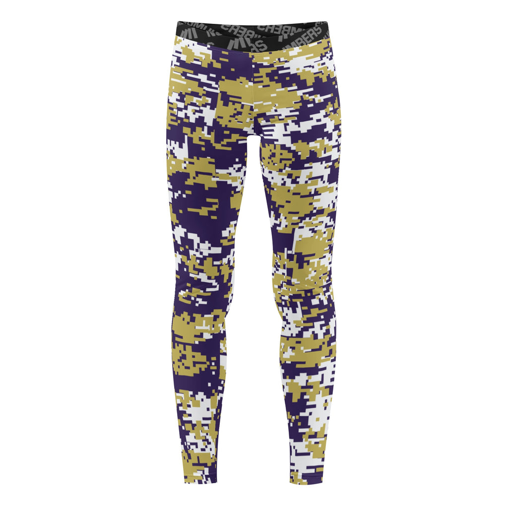 Athletic sports unisex compression tights for girls and boys flag football, tackle football, basketball, track, running, training, gym workout etc printed in gold, purple, white Washington Huskies colors