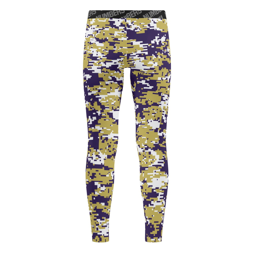 Athletic sports unisex compression tights for girls and boys flag football, tackle football, basketball, track, running, training, gym workout etc printed in gold, purple, white Washington Huskies colors