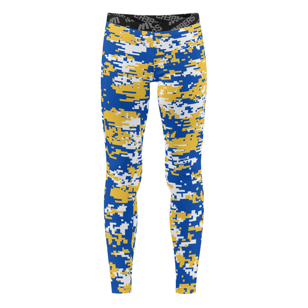 Athletic sports unisex compression tights for girls and boys flag football, tackle football, basketball, track, running, training, gym workout etc printed in royal blue, yellow, white Golden State Warriors colors