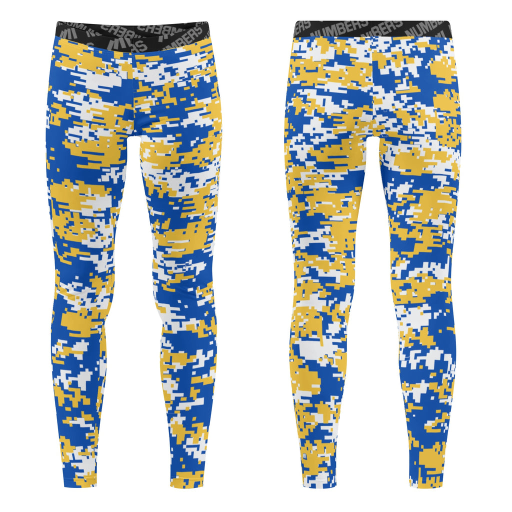 Athletic sports unisex compression tights for girls and boys flag football, tackle football, basketball, track, running, training, gym workout etc printed in royal blue, yellow, white Golden State Warriors colors